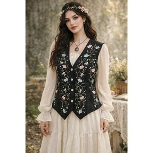 Vintage Floral Embroidered Boho Cottagecore Whimsigoth Vest Large Black Cotton